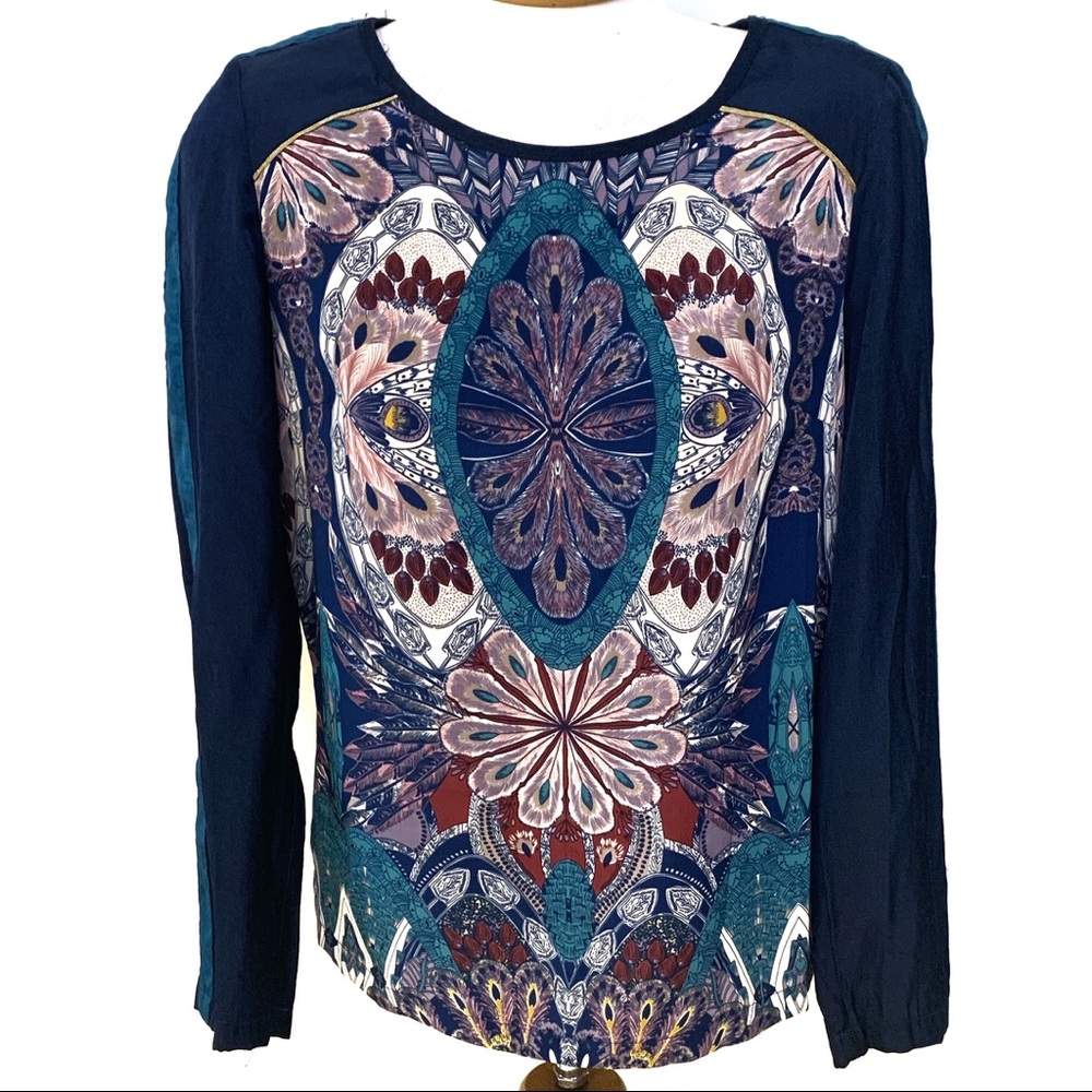 Color Block Navy Top with Multicolor Print Top